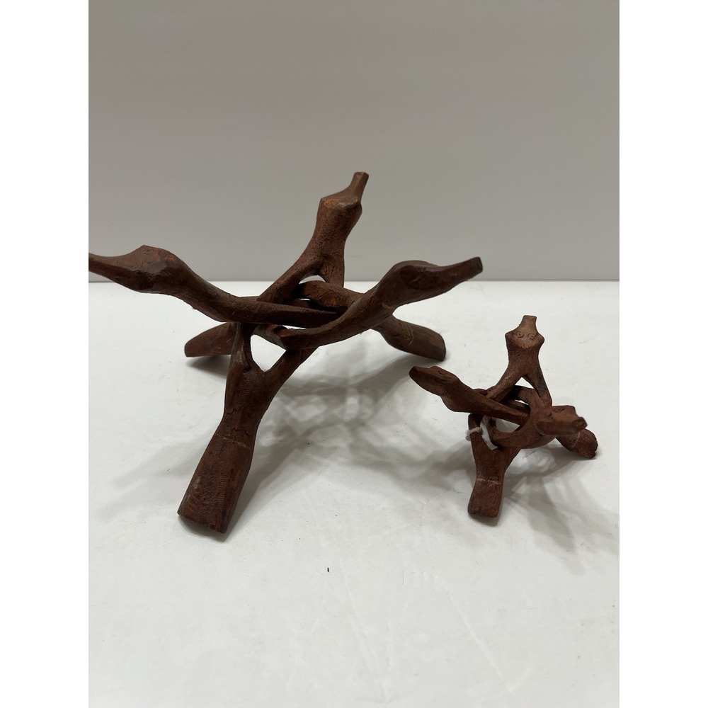 Hand-Carved Wooden Tripod Display Stands Interlocking Set Of 2 Brown Cobra Stand